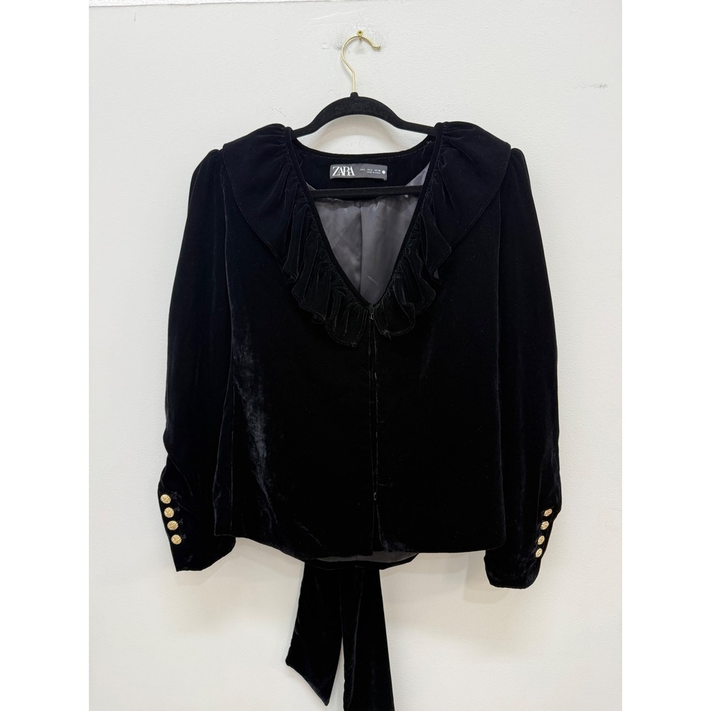 Zara Velvet Ruffle Collar Blouse Large Black Tie Back Gold Button Accent Top